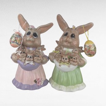 Pair of Vintage Ceramic Mother Rabbit with Babies Easter Figures