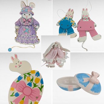 Vintage Easter Decor Lot - Bunny Figurines, Ornaments, & Egg Trinket Box
