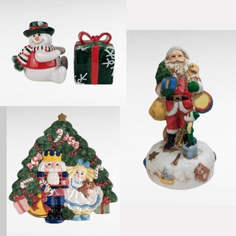 Vintage Christmas Decor Lot, Fitz and Floyd Nutcracker Platter, Musical Santa, Snowman Salt & Pepper