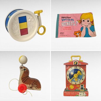 Vintage Fisher Price Toy Lot: Music Box Clock, Suzy Seal Pull Toy, Cloth Book, Xylophone Drum - Retro Toys, Collectible Toys