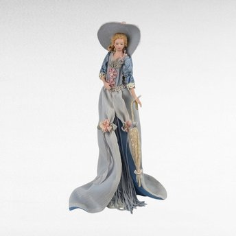 Vintage Porcelain Victorian Tassel Doll, Blue Dress, Umbrella, Hat, Display Doll, Dresser Doll, Gift for Doll Collector