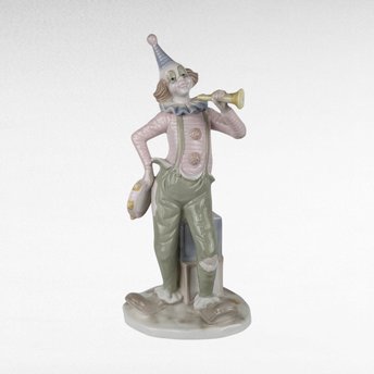 Vintage Porcelain 12 Inch Clown Figurine, Clown with Horn and Tambourine, Collectible Clown, Circus Decor, Gift for Clown Collector
