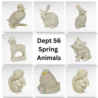 Vintage Dept 56 Annual Animal Bisque Figurines, Lot of 8, Cat, Duck, Rabbit, Squirrel