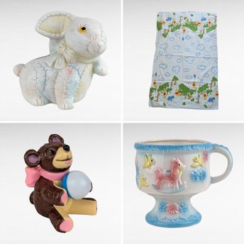 Vintage Nursery Decor Lot, Winnie the Pooh Blanket, Bunny Bank, Rocking Horse Planter, Cake Topper, Gift for Baby Shower
