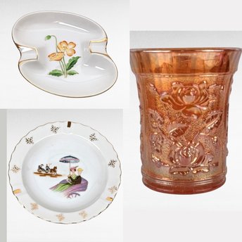 Vintage Ashtray Lot, Ucagco Floral Ashtray, Courting Couple Ashtray, Carnival Glass Tumbler, Collectible Ashtrays, Vintage Home Decor
