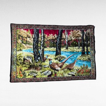 Vintage Tapestry Wall Hanging, Pheasants in Woodland Scene, Bohemian, Large Wall Art, Nature Tapestry