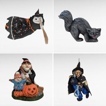 Vintage Halloween Decor Lot - Handmade Witch Wall Hanging, Ceramic Witch Tealight Holder, Black Cat Figurine, Witch Ornament with Snake