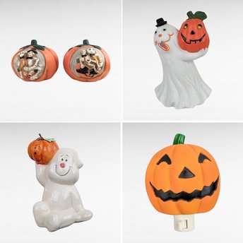 Vintage Ceramic Halloween Decor Lot - Ghost Figurines, Jack O' Lantern Nightlight, Tealight Holders - Spooky Home Decor, Halloween Gift