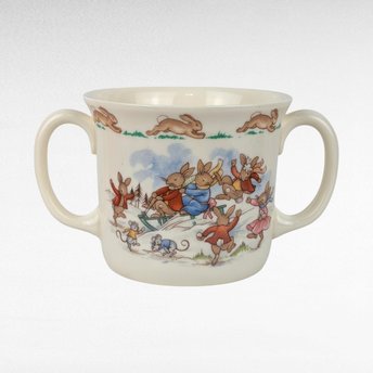 Vintage Royal Doulton Bunnykins Sledding Two Handled Mug, Children's Gift, Collectible Bunnykins Mug, Christening Gift, Nursery Decor
