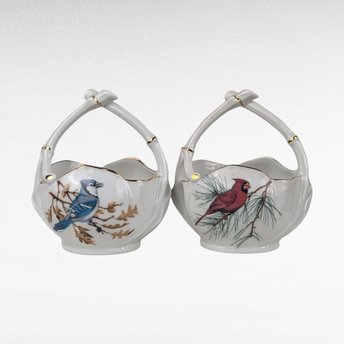 Vintage Limoges Porcelain Trinket Baskets | Pair of Bird Baskets | Cardinal and Blue Jay | French Porcelain | Gift for Bird Lovers
