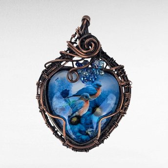 Handmade Copper Wire Wrapped Pendant with Blue Birds | Unique Artisan Jewelry | Nature-Inspired Necklace | Gift for Bird Lovers