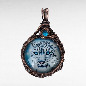 Handmade Snow Leopard Pendant | Copper Wire Wrapped | Blue Accent | Nature Inspired Jewelry