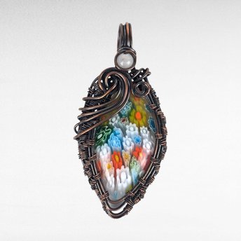 Handmade Copper Wire Wrapped Millefiori Pendant with Rose Quartz Accent – Unique Artisan Jewelry Gift