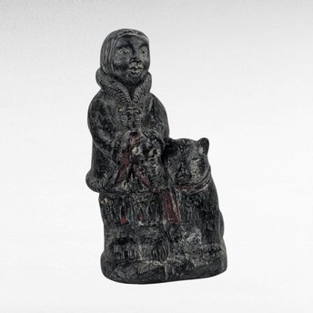 Vintage Original Wolf Stone and Marble Sculpture | Inuit Art | Eskimo with Dog | Hand-Carved | Arctic Decor