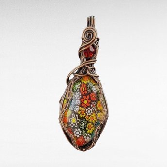 Copper Wire Wrapped Millefiori Pendant | Handmade Glass Jewelry | 2.5" Height | Red Bead Accent | Unique Gift | No Chain