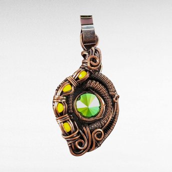 Handmade Copper Wire Wrapped Pendant with Green Crystal, Green Rivoli Crystal Jewelry, Artisan Pendant, Statement Pendant