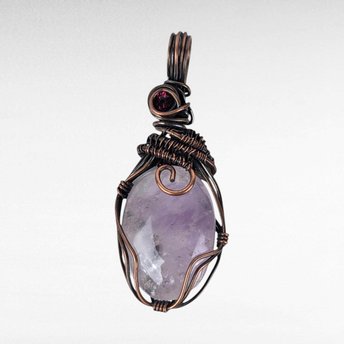 Handmade Copper Wire Wrapped Amethyst Pendant, Amethyst and Garnet Jewelry, Artisan Pendant, Statement Necklace, Gift for Her
