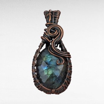 Copper Wire Wrapped Checkered Labradorite Pendant.