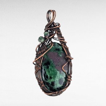 Copper Wire Wrapped Ruby Fuchsite Pendant. 