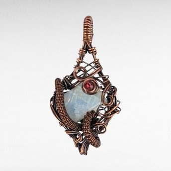 Handmade Copper Wire Wrapped Moonstone Pendant | Carved Moonstone with Pink Crystal Accent | Antiqued Copper | Unique Gift