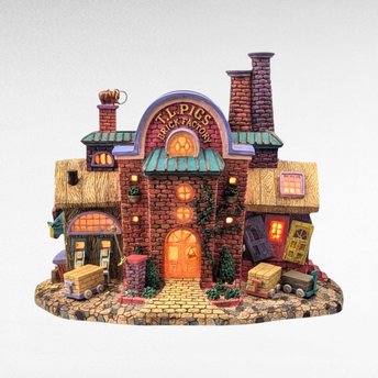 Vintage 1998 Department 56 T.L. Pigs Brick Factory - Christmas Village Accessory - Lit Building - Three Little Pigs