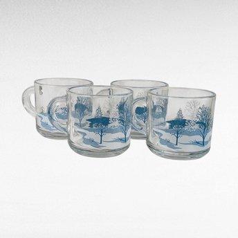 Set of 4 Anchor Hocking Winter Scene Mugs - Blue and White Mugs - Snow Scene Mugs - Vintage Kitchenware - Christmas Mugs