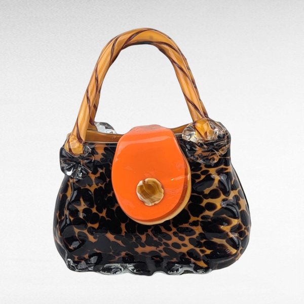 Vintage Art Glass Purse with Orange Strap | Handblown Glass Sculpture | Unique Home Decor | Collectible Glass