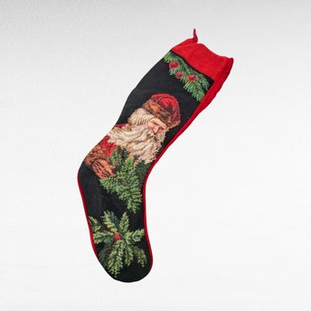 Vintage Needlepoint Christmas Stocking, Old World Santa Design, 20" Handmade Stocking, Holiday Decor