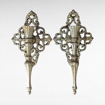 Vintage Brass Wall Sconces, Pair of Candle Holders, Ornate Italian Design, Wall Decor, Red Glass Votives
