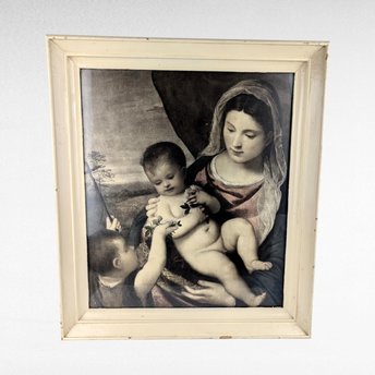 Vintage Religious Print, Madonna and Child, After Titian's "Madonna del S. Antonio," Framed, 16.5 x 14.5 Inches