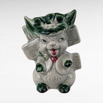 Vintage Ceramic Rabbit Planter, Whimsical Bunny with Fence, Green and Gray, 5" Tall