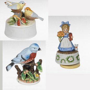 Vintage Spring Music Boxes & Bluebird Figurine | Porcelain Girl with Cat, Bisque Birds, Ceramic Bluebird | Decorative Collectibles