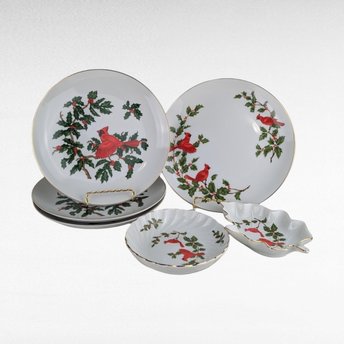 Vintage Lefton Cardinal Christmas Dishes, 6-Piece Set, Porcelain Plates, Leaf Dish, Trinket Dish, Holiday Decor, 1984