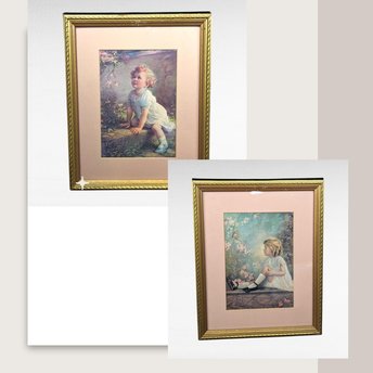 1930s Framed Prints Little Girls, "Song of the Bluebird" & "Song of the Lark," Vintage Children's Wall Art