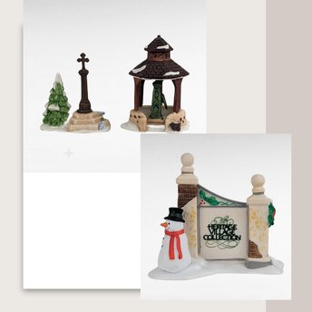Vintage Dept 56 Village Accessories, Snowman Sign, Well & Cross Set