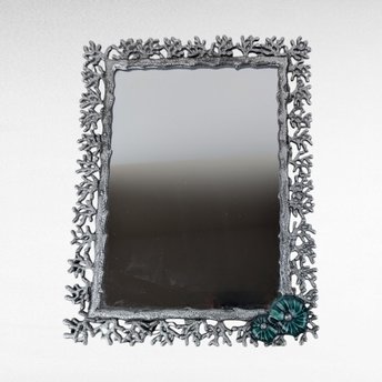 Vintage Pier One Metal and Enamel Mirror with Aqua Conch. 