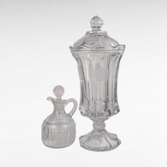 Vintage Fostoria Coin Covered Urn and Cruet Set.