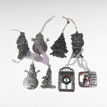 Vintage Silver Tone Christmas Ornaments, 8 Piece Pewter Holiday Decor Set, Old World Santa, Snowman, Gift for Collector