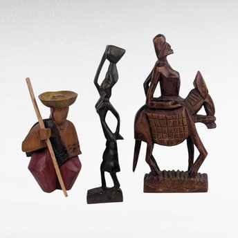 Vintage Hand Carved Wooden Figurines, Tribal Art Decor, African Woman on Horse, Man with Pole, Collectible Wood Carvings