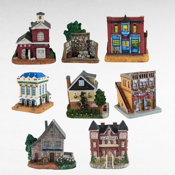 Vintage Liberty Falls Village Figurines, 7 Piece Set, Barber Shop, Firehouse, Shops, Courthouse, Collectible Miniatures, Gift for Collector