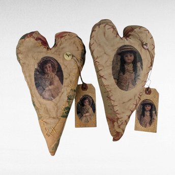 Vintage Handmade Plush Heart Pillows with Doll Faces, Victorian Style Fabric Hearts, Decorative Accent Pillows, Unique Gift