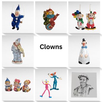 Vintage Clown Collection, Ceramic, Plastic, Resin Clown Figurines, Ornaments, Bells, Japan Clown Vase, Bendable Clowns, Clown Tile