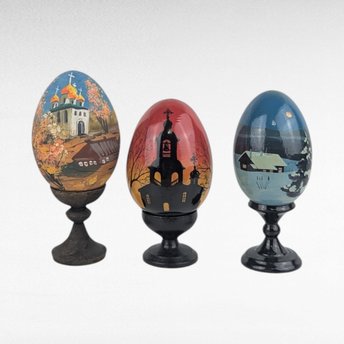 Vintage Hand-Painted Wooden Easter Eggs, Russian Folk Art Decor, Farmhouse, Church Scene, Gift for Collector