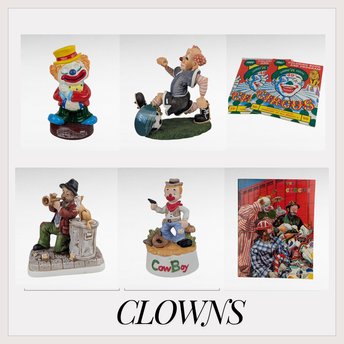 Vintage Clown Lot - Figurines, Bank, Music Box, Circus Books - Collectible Clown Memorabilia