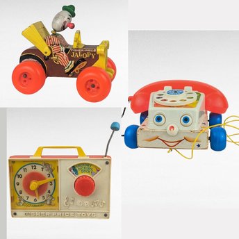 Vintage Fisher Price Toy Lot: Jalopy Pull Toy, Chatter Phone, Hickory Dickory Radio - Classic Toys, Retro Decor, Gift for Child, Collector