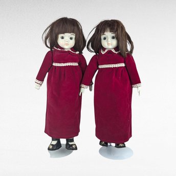 Vintage Commonwealth Happyland Porcelain Doll Pair, 15-16 Inch Victorian Style Dolls, Red Velvet Dresses, Collectible Dolls, Doll Collector