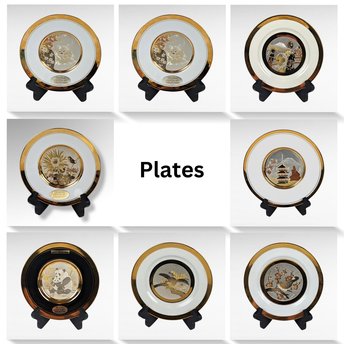 Vintage Chokin & Asian Art Plates, Lot of 8, Gold Trim, Birds, Animals