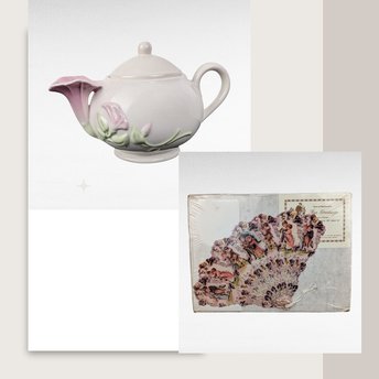 Vintage Teleflora Teapot, 1901 Paper Fan Card, Crayandle Candles Set, Collectible Decor, Gift for Her, Home Decor