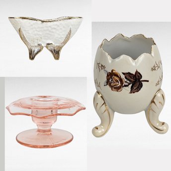 Vintage Decor Lot, Cream Bowl, Pink Glass Candlestick, Napcoware Egg Vase, 1950s Decor, Gift for Collector