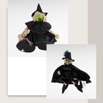 Vintage Halloween Witch Doll Pair - Rope Hair Witch, Judy Hunter Jester Witch - Spooky Decor, Collectible Dolls, Halloween Gift